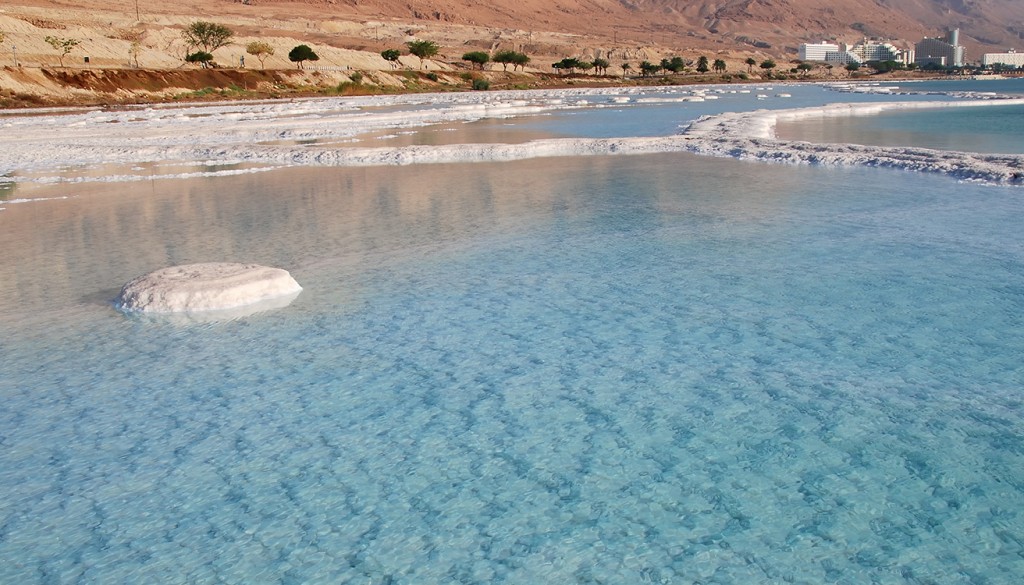 Dead Sea salt on coast and in water