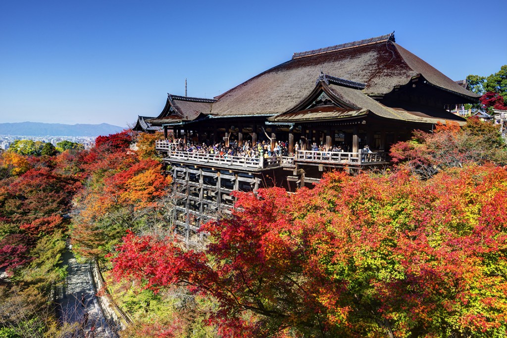 KYOTO - NOVEMBER 19: Tourist observe the annual autumn colors at Kiyomizu-dera Temple November 19, 2012 in Kyoto, JP. Founded in the 700's, the present stage structure dates from 1633.