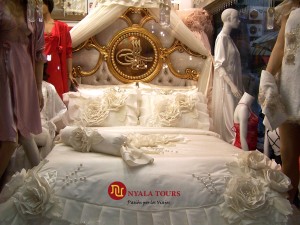 Luxury beddings in an a shop for interior clothings and bed linens