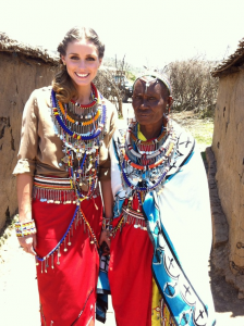 Olivia Palermo with Margaret at the homes of the Pikolinos Maasai women in Africa for Pikolinos .