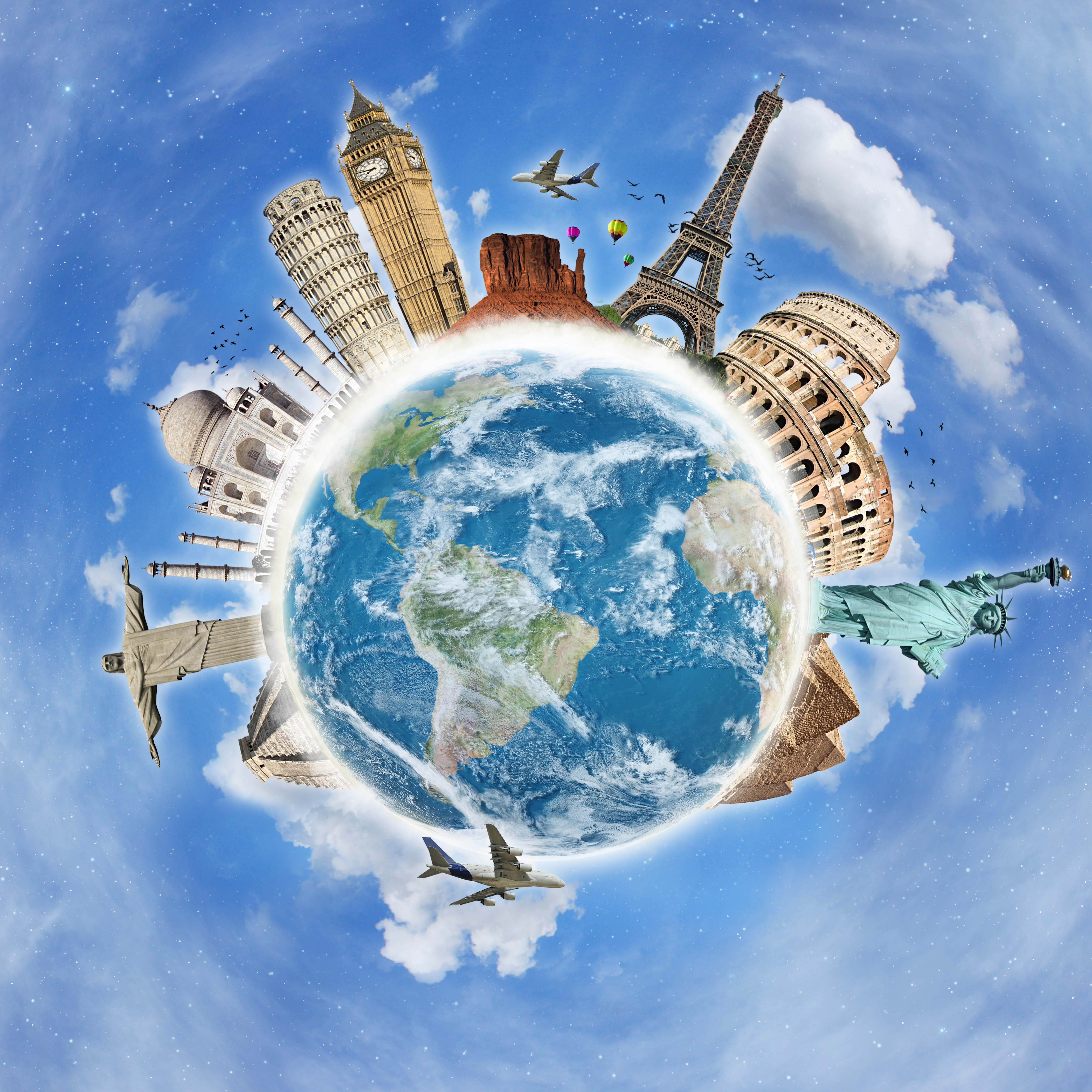 Travel the world clouds plane concept