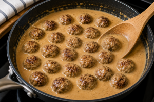 Albóndigas suecas cocinándose en la salsa.