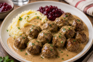Köttbullar servidas con puré de patatas y mermelada de arándanos rojos.